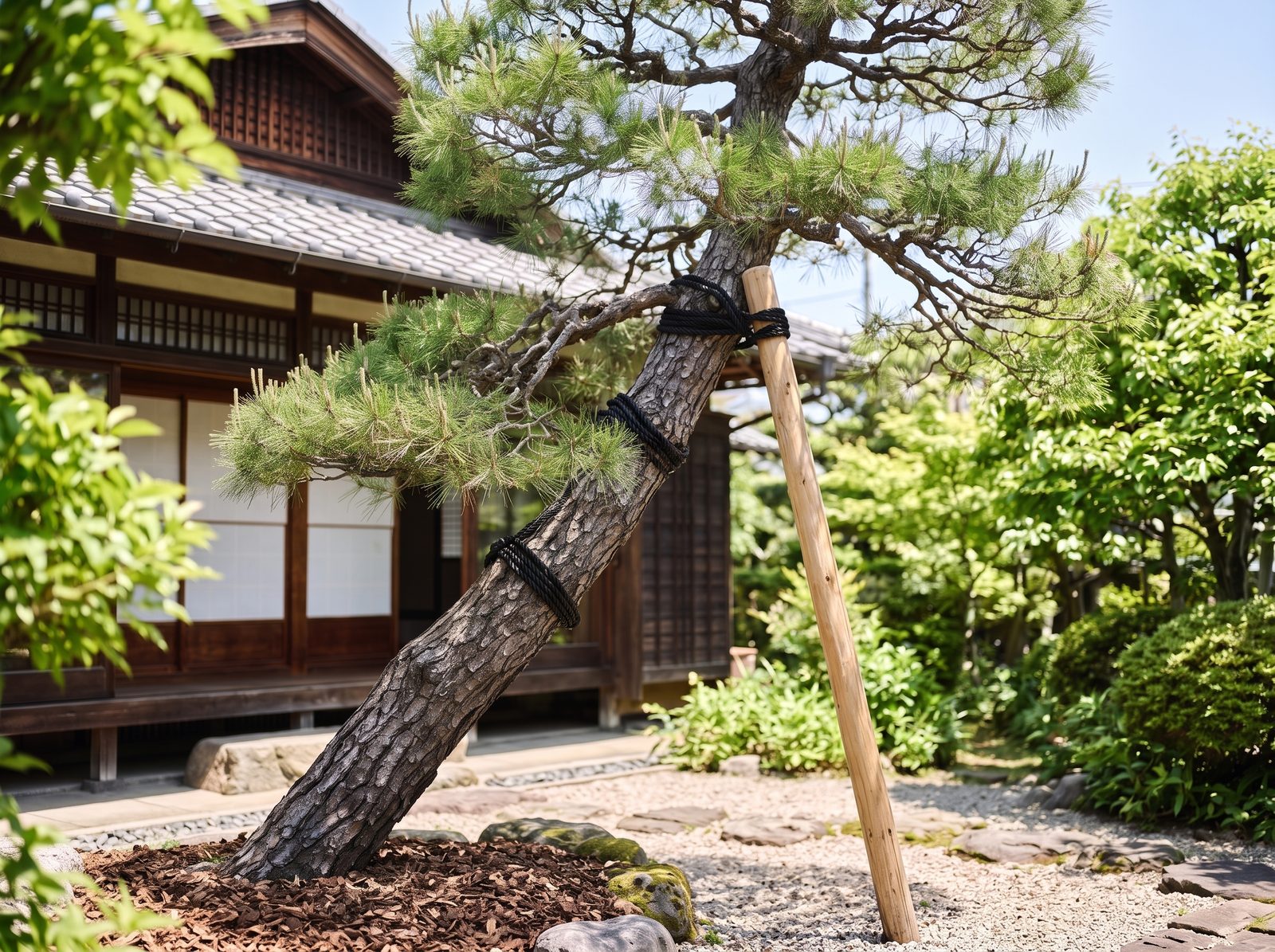 日本家屋の庭のクロマツ。丸太の支柱で支えたあと