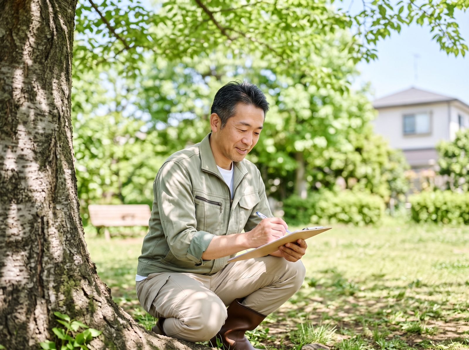サクラの根元にしゃがんで記録をとる樹木医