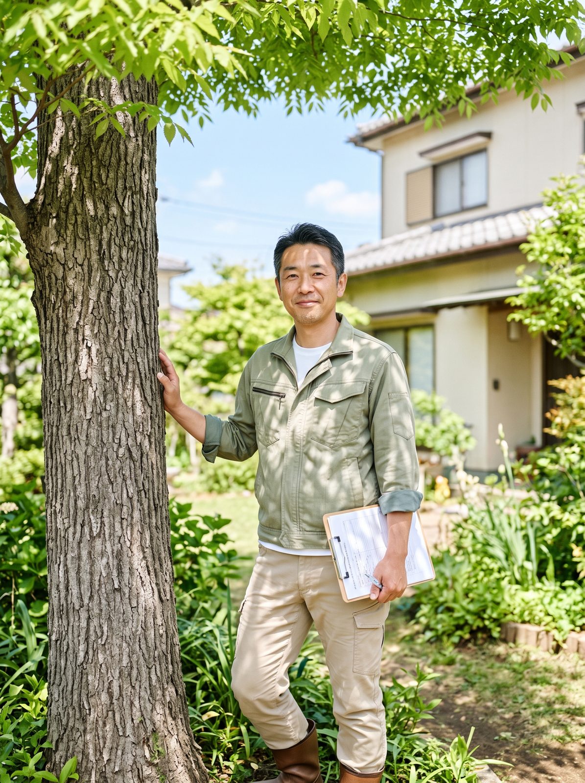 庭のケヤキの横に立つ、樹木医事務所 ミキノネ代表の楢崎周平