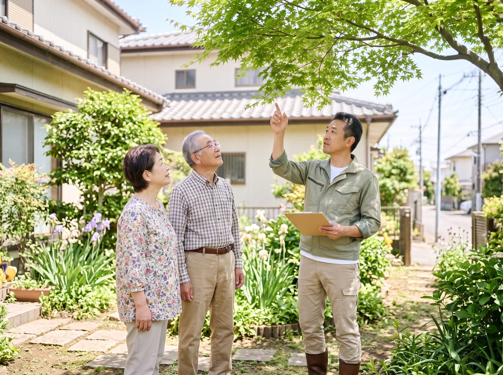 庭の木を指さしながら依頼者の夫婦と話す樹木医