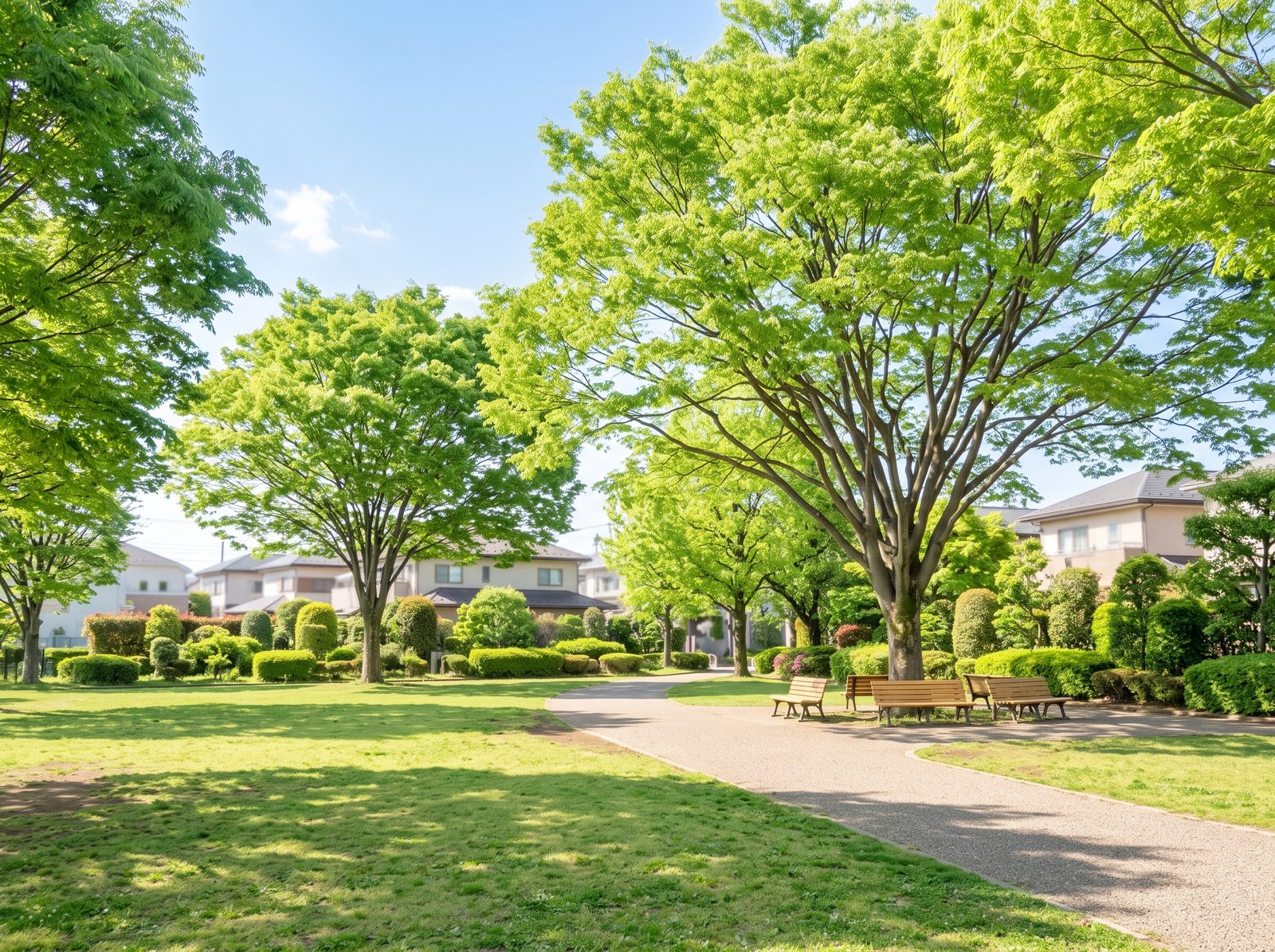 大きな木と芝生の広がる公園