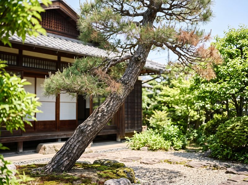 支柱を据える前のクロマツ。家のほうへ傾き、葉が茶色い
