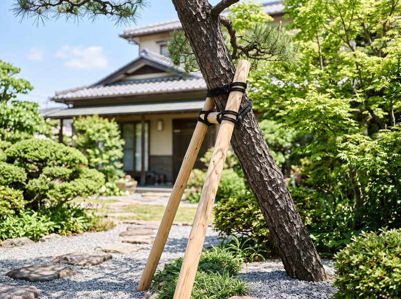 クロマツに据えた丸太の支柱