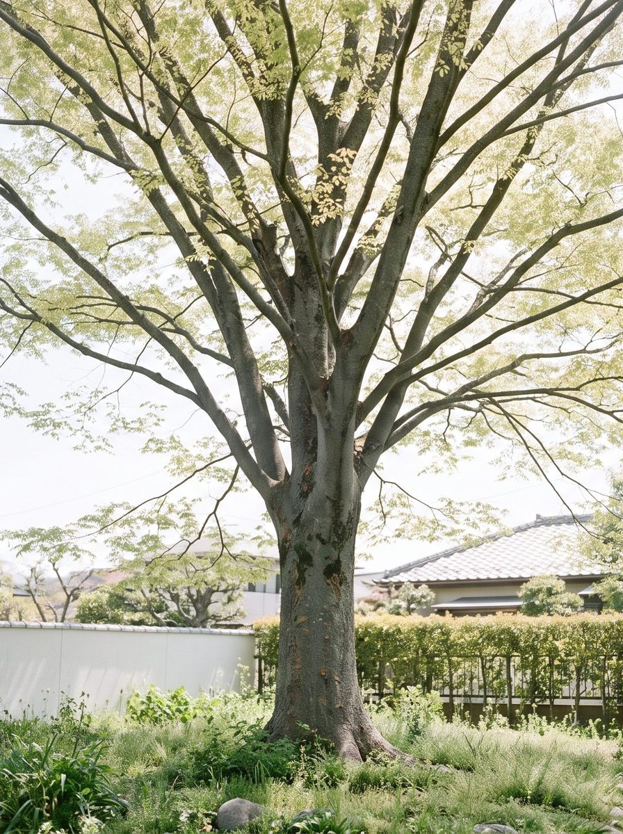 住宅地の庭に立つ古いケヤキの木