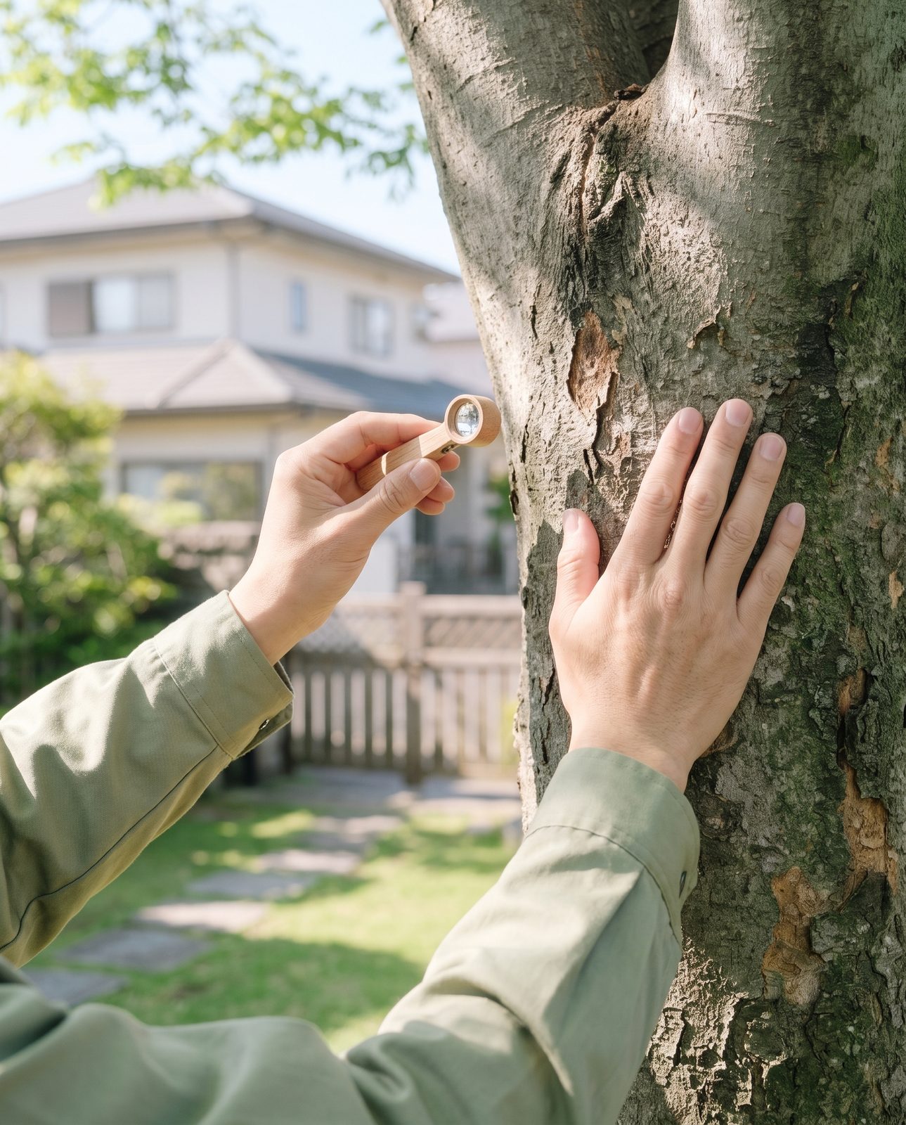 古木の幹に手を当てて具合を確かめる手元